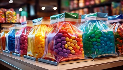 vibrant colorful doypack packaging with assorted sweets and candies in a modern candy store packaging sweets packaging