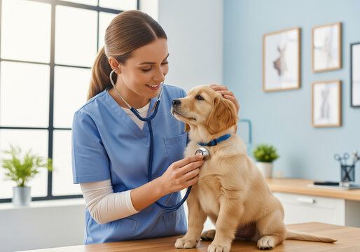 Happy Female Veterinarian Gently Examining a Cute Golden Retriever Puppy with a Stethoscope - Powered by Adobe