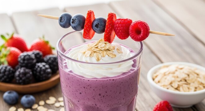 A glass of blueberry smoothie with a skewer of blueberries, raspberries, and strawberries on top, garnished with a sprinkle of oats and a decorative toothpick. 