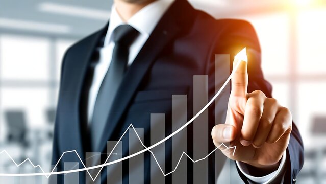 Business growth strategy concept businessman pointing at financial graph chart investment analysis plan success