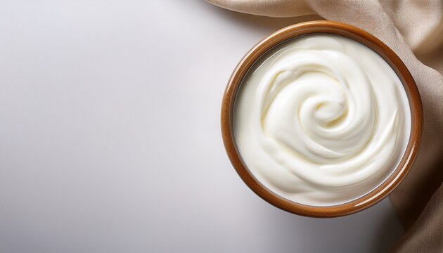 creamy greek yogurt in glass bowl on white background with copy space top view yogurt creamy white