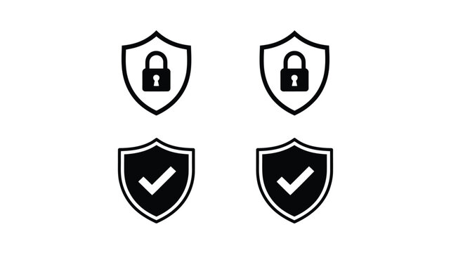 Secure and protected digital shield icons with lock and checkmark, representing data safety and verified access for modern technology solutions.