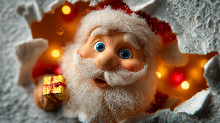 Santa Claus peeks through a wall hole holding a golden gift box. Bright lights create a festive mood. Concept of holiday cheer, seasonal decoration, festive celebrations