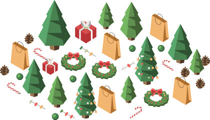 Isometric Christmas decorations collection, festive holiday trees, wreaths, gifts and ornaments, detailed 3D seasonal elements perfect for winter celebrations, design and illustration projects