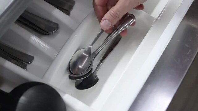 Folding teaspoons into a kitchen cutlery organizer. Clean spoons are folded into a cutlery tray, close-up. Kitchenware
