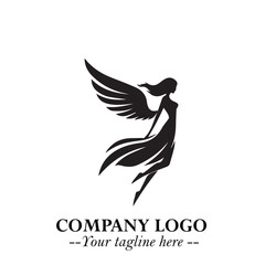Elegant Black Angel Woman Silhouette Logo Symbol on White Background