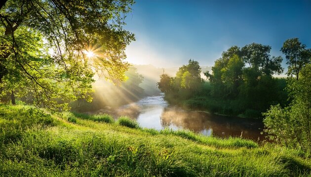 summer nature on clear sunny morning lush green trees and grass in sunlight bright sun rays through branches of trees on bank of picturesque river landscape of summer nature with sunbeams - Powered by Adobe