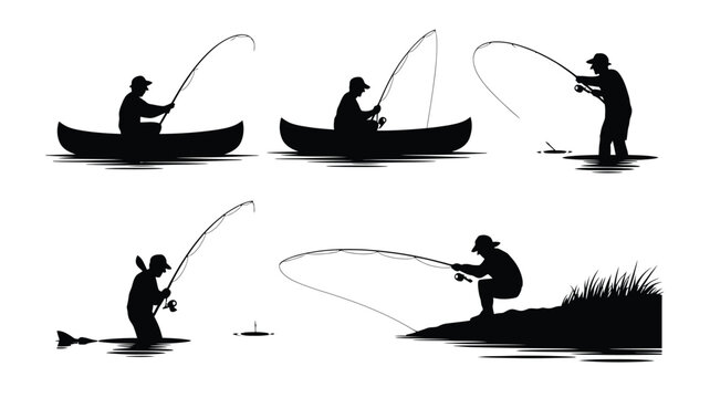 Dynamic silhouettes capture the thrill of diverse fishing adventures from serene canoes to active riverbanks, perfect for outdoor passion projects.