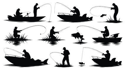 Dynamic silhouettes capture the thrilling pursuit of angling, showcasing fishermen casting lines from boats and serene shorelines for that perfect catch.