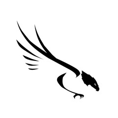 A dynamic, stylized black silhouette of a bird of prey (eagle/hawk) in a sharp diving pose, featuring flowing, tribal lines, symbolizing speed, precision, and predatory power.