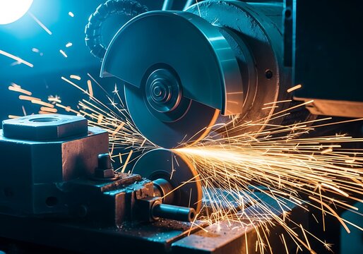 Close up of a metal grinding wheel creating a shower of bright orange sparks during industrial metalworking and fabrication