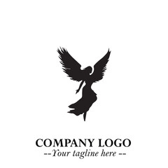 Elegant Black Angel Woman Silhouette Logo Symbol on White Background