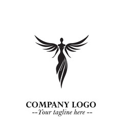 Elegant Black Angel Woman Silhouette Logo Symbol on White Background