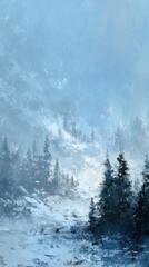 Serene Winter Landscape with Snowy Pines and Misty Mountains
