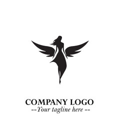 Elegant Black Angel Woman Silhouette Logo Symbol on White Background