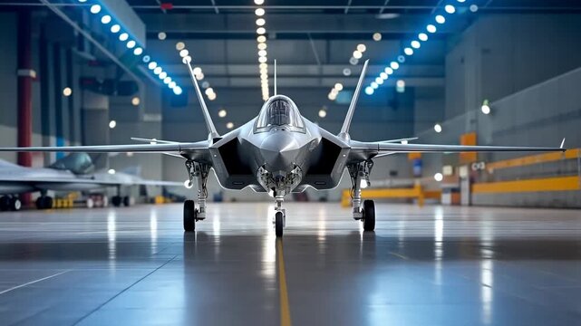 F-35 fighter jet on display in aircraft hangar showcasing advanced design and technology