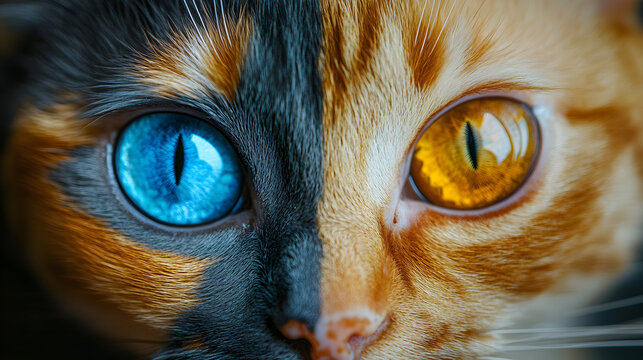 Cat face with different colored eyes