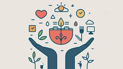 Hands holding symbols of wellbeing, including heart, sun, food, and time, representing a holistic approach to health and happiness