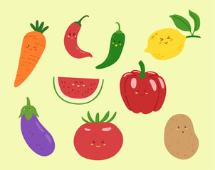 Cartoon character of carrot, chilli, paprika, eggplant, tomato, potato, lemon, watermelon. Vegetables and fruits isolated cute vector illustration.
