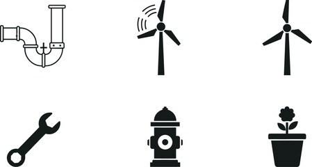 Set of industrial and utility icons including plumbing pipe, wind turbines, wrench tool, fire hydrant, and flower pot, clean minimal vector design