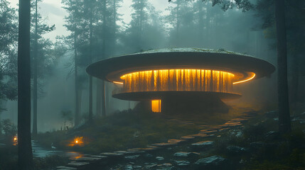 Futuristic round house in misty forest landscape