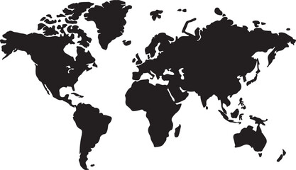 Naklejka premium Solid black silhouette outlines a detailed world map, showing continents, isolated on white