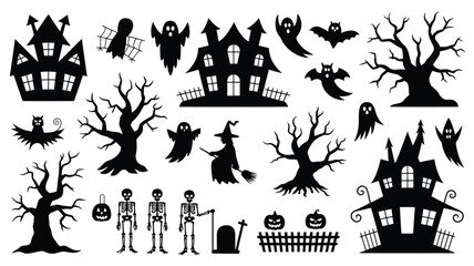 Spooky Halloween icons and silhouettes for festive decorations, party invitations, and creative projects