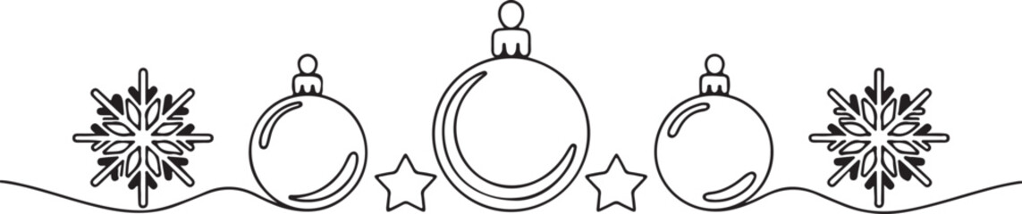 Obraz premium Three ornament balls and two star between snowflakes are drawn with black outline