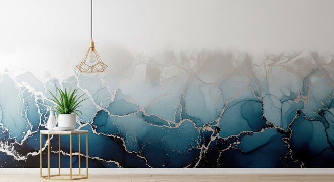 A blue and white abstract mural with a metallic silver texture on a white wall.