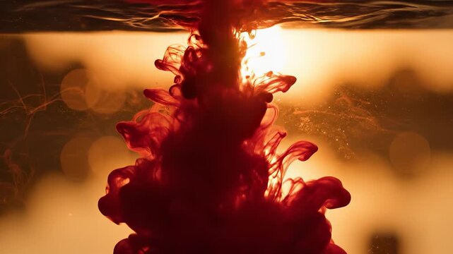 An ink cloud swirls slowly in water as the sun sets, casting warm tones across the scene. The ink cloud creates a stunning visual effect against the bright sun setting in the backg