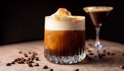 ice cold irish coffee affogato combined with espresso martini and caramel accents in a stylish presentation