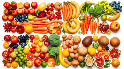 abundant colorful variety of fresh fruits and vegetables flat lay, top view