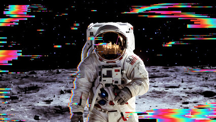 Glitched Astronaut in Cyberpunk Lunar Landscape with Vibrant Digital Artifacts - digital art