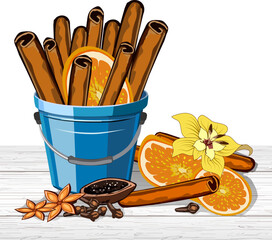 Natural herbs and spices on a wooden tabletop.Vector illustration with herbs, spices and orange slices on a wooden background.