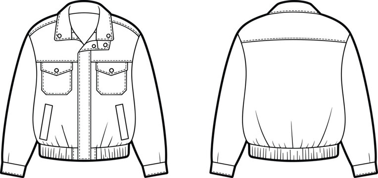 Technical flat sketch of a stylish bomber jacket with zipper closure, flap chest pockets, stud details on the collar, and elasticated hem, perfect for casual and streetwear apparel design.