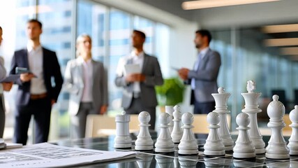 Business professionals discussing strategy in modern office with chess pieces in foreground