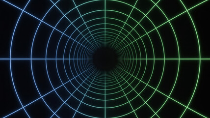 Fototapeta premium Glowing grid tunnel perspective with blue and green neon lines receding into darkness abstract