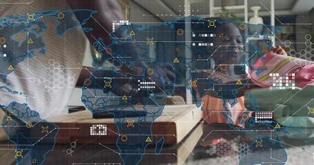 Dad picking snack from board, child reaching into backpack for snack while tech map overlay growing - Powered by Adobe