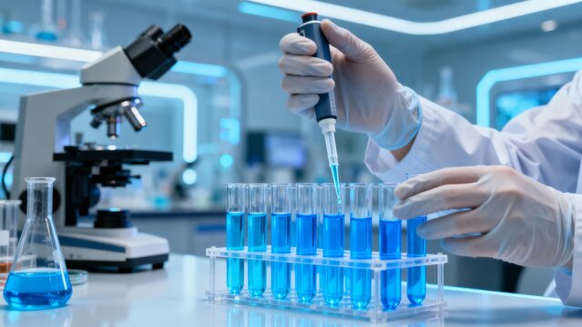 Scientist Working in Modern Medical Laboratory. scientist gloved hands using a precision pipette to transfer blue liquid into a rack of test tubes. Represents research, biotechnology, and diagnostics