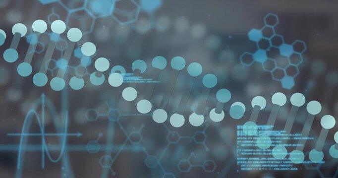 Hologram dotted helix following scrolling code moving, emerging from right, showing genomic data