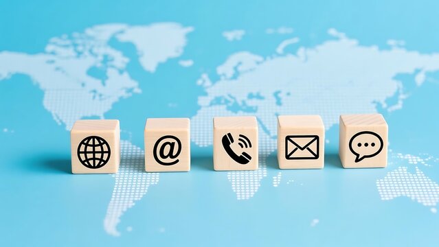 Contact us methods global communication concept with wooden blocks and world map for business support
