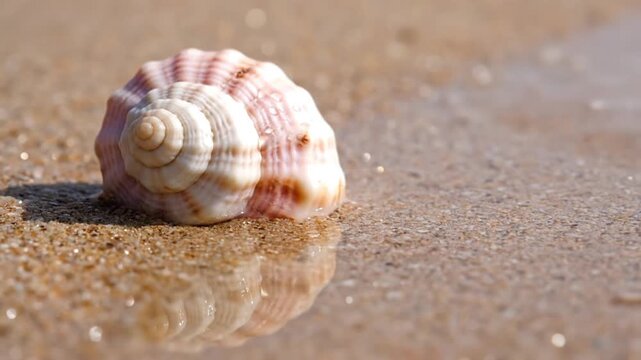 A beautiful spiral seashell rests peacefully on sun-drenched wet sand by the ocean