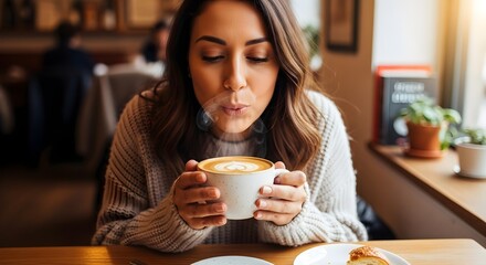 woman blowing coffee