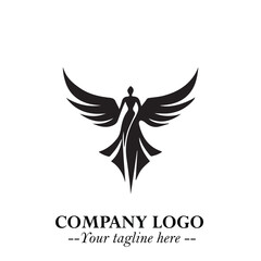 Elegant Black Angel Woman Silhouette Logo Symbol on White Background