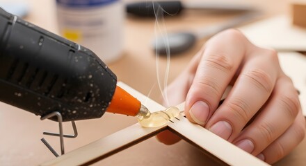 person using a hot glue gun to bond pieces of wood or craft sticks together