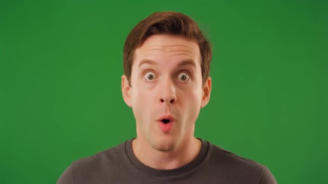 A man with wide eyes and an open mouth expresses surprise or amazement against a green screen background.