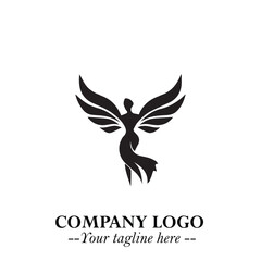 Elegant Black Angel Woman Silhouette Logo Symbol on White Background