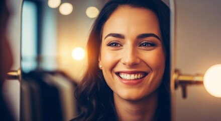 Close-up portrait of a beautiful, joyful woman with a radiant smile looking into a mirror in a warm retail setting.