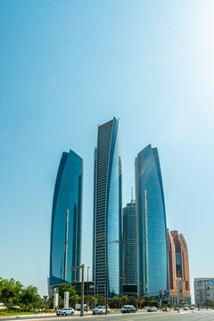 Modern skyline of Abu Dhabi, United Arab Emirates, featuring contemporary architecture, skyscrapers, and waterfront views