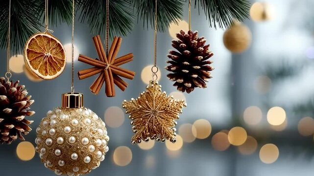 Golden ornaments and simple decorations hanging on a Christmas tree create a festive atmosphere for the holiday season